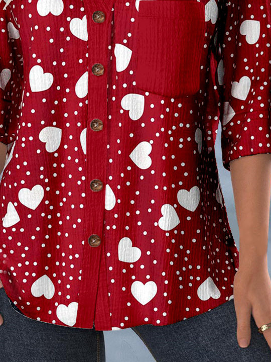 Women Long Sleeve Shirt Collar Love Printed Graphic Lace Button Pockets Tops