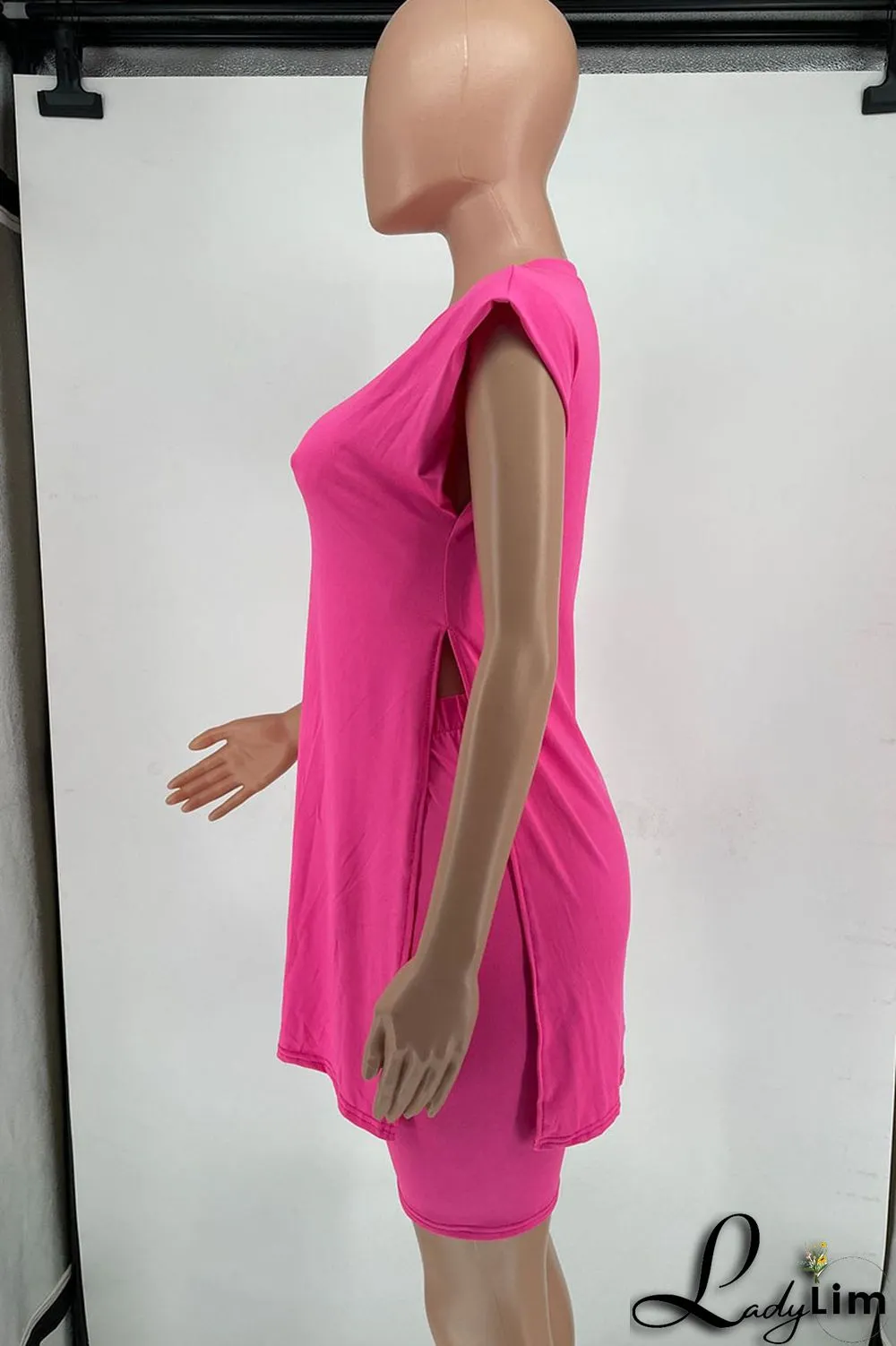 Rose Red Casual Solid Patchwork Slit O Neck Sleeveless Two Pieces