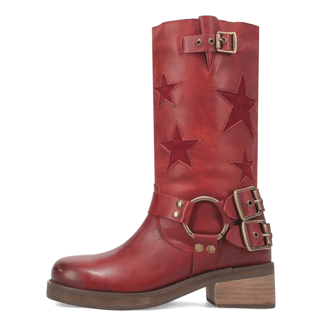 Maroon Vegan Leather Round Toe Star Inlay Studded Buckle Cowgirl Boots