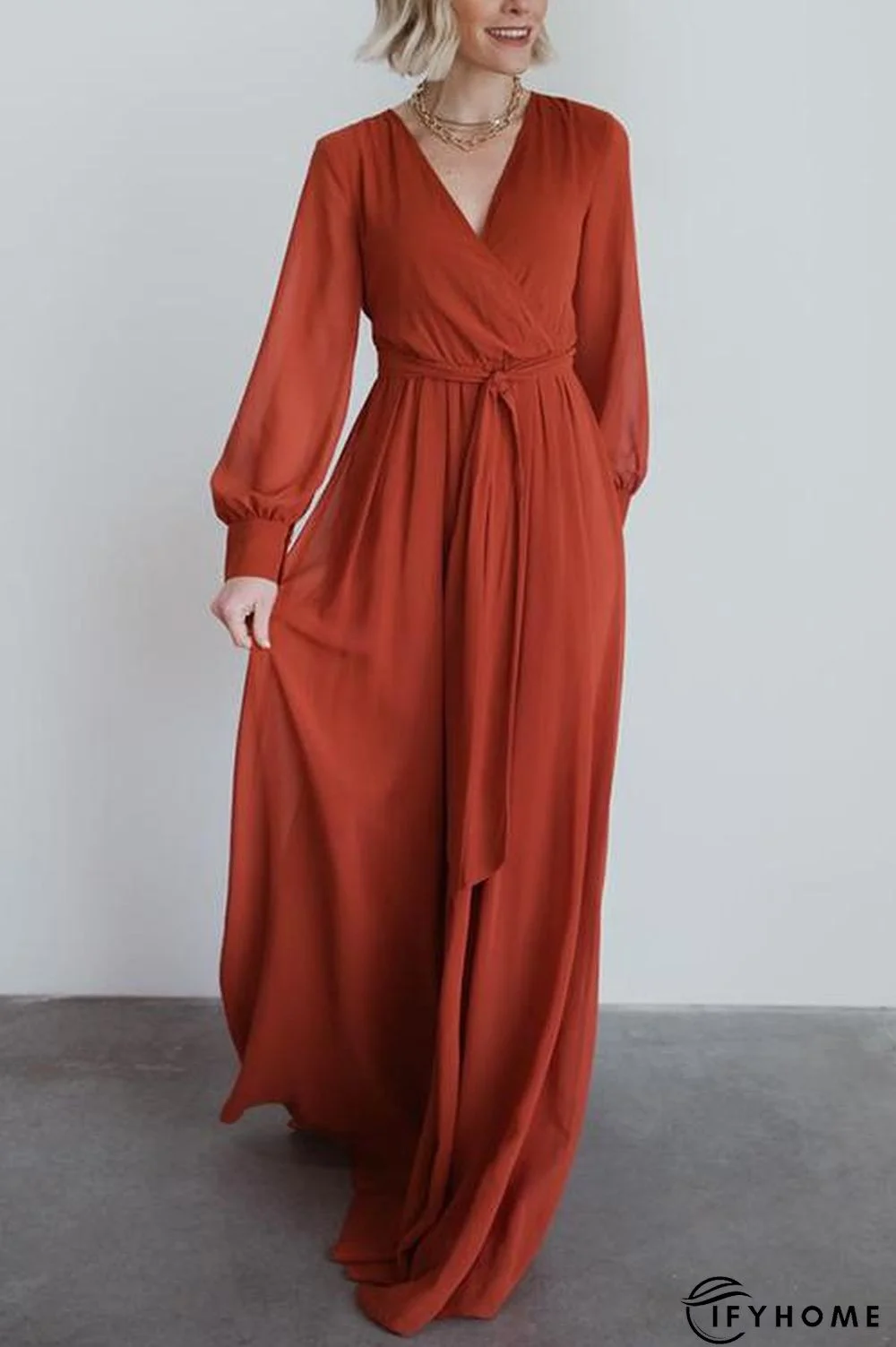 Button Puff Sleeve Belted Maxi Dress | IFYHOME