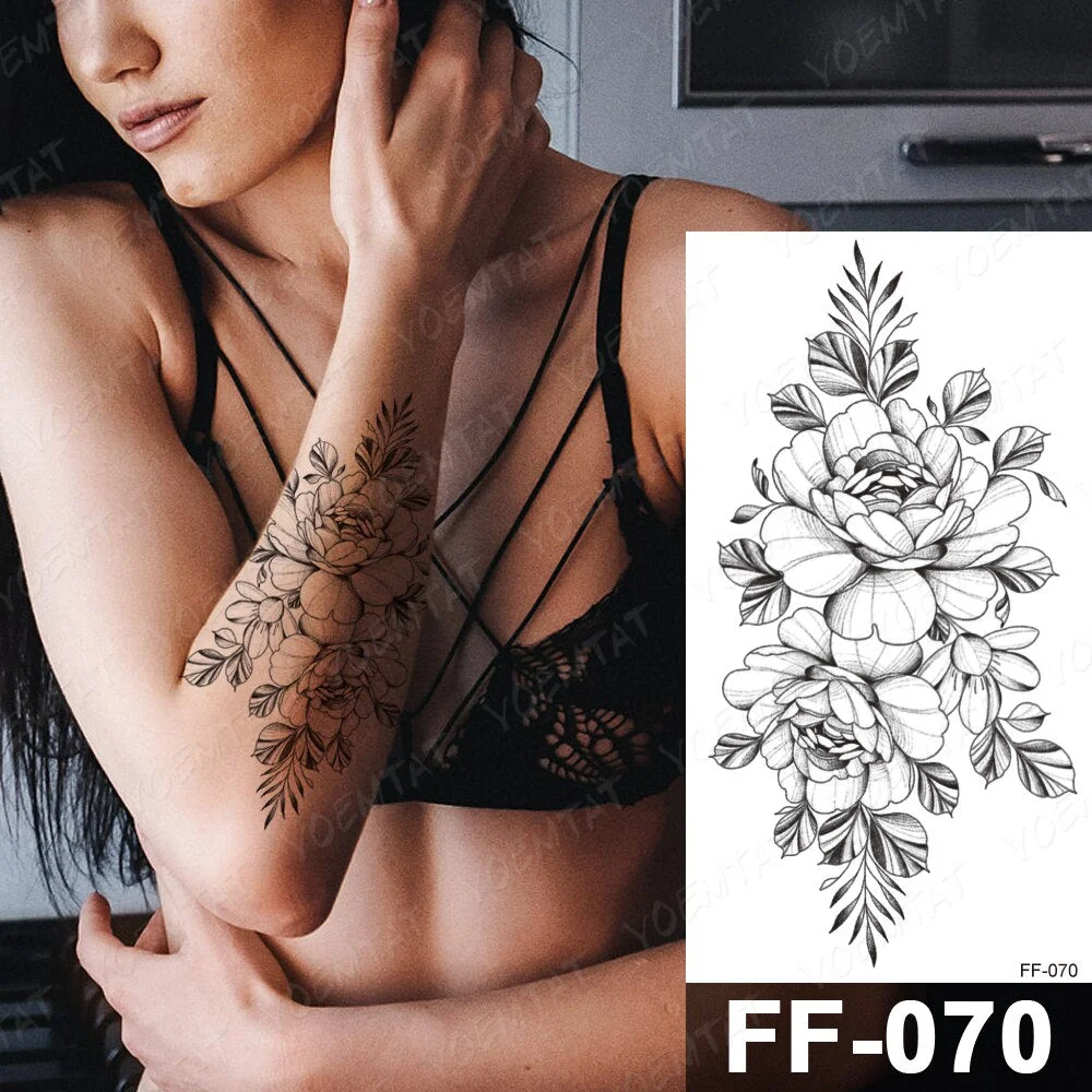 Waterproof Temporary Tattoo Stickers Peony Rose Flower Gun Flash Tattoos Female Black Sketch Body Art Arm Sexy Fake Tatto Male