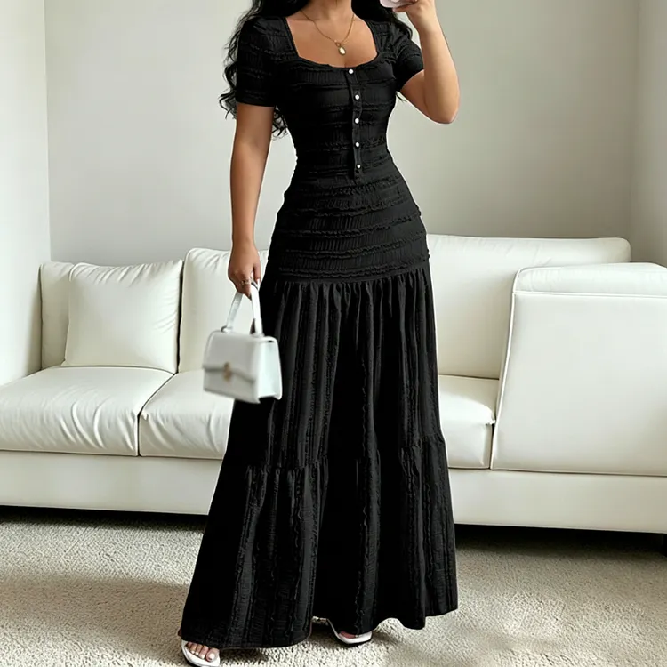 👗 LIMITED-TIME 49% OFF! ✨ Women's Square Neck Dress Set &ndash; Crinkled Fabric, Tiered Skirt, Elegant 🍷