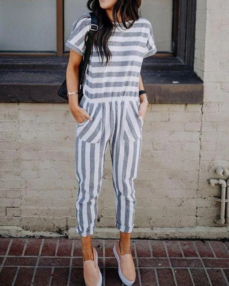 Casual Striped Patchwork Loose Jumpsuit P10634