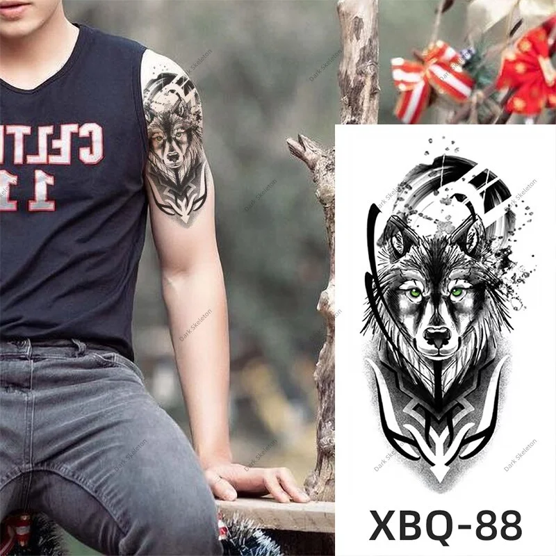 Sdrawing Black Forest Tattoo Sticker For Men Women Children Tiger Wolf Death Temporary Tattoo Fake Henna Skeleton King Animal Tatoo