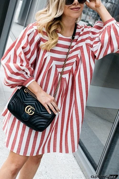 Red Stripe Long Sleeve Loose Mini Dress