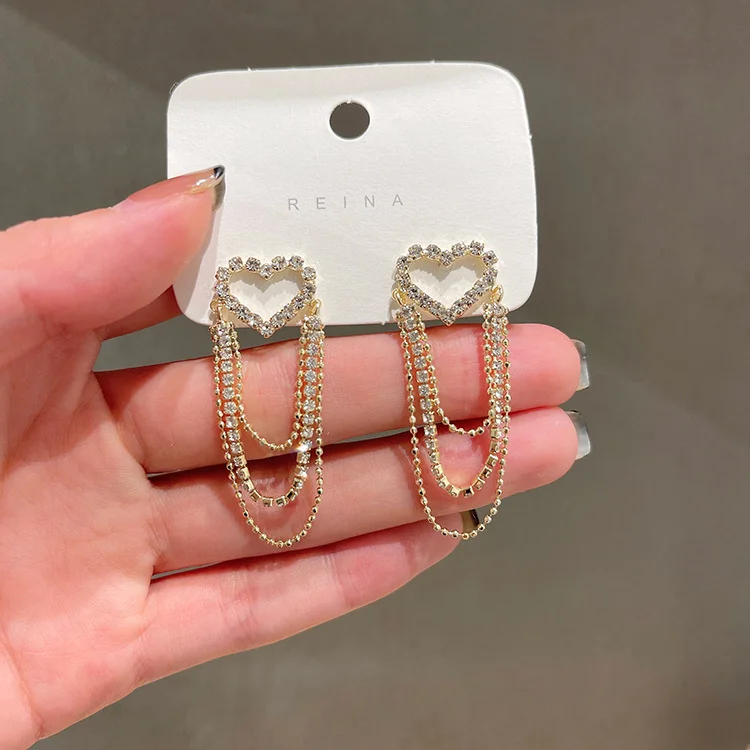 Heart Fringe Layered Chain Earrings