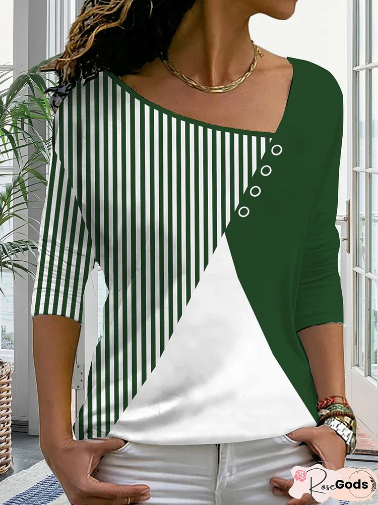 Plain Color Block Stripe Loose Button Top T-Shirt Plus Size