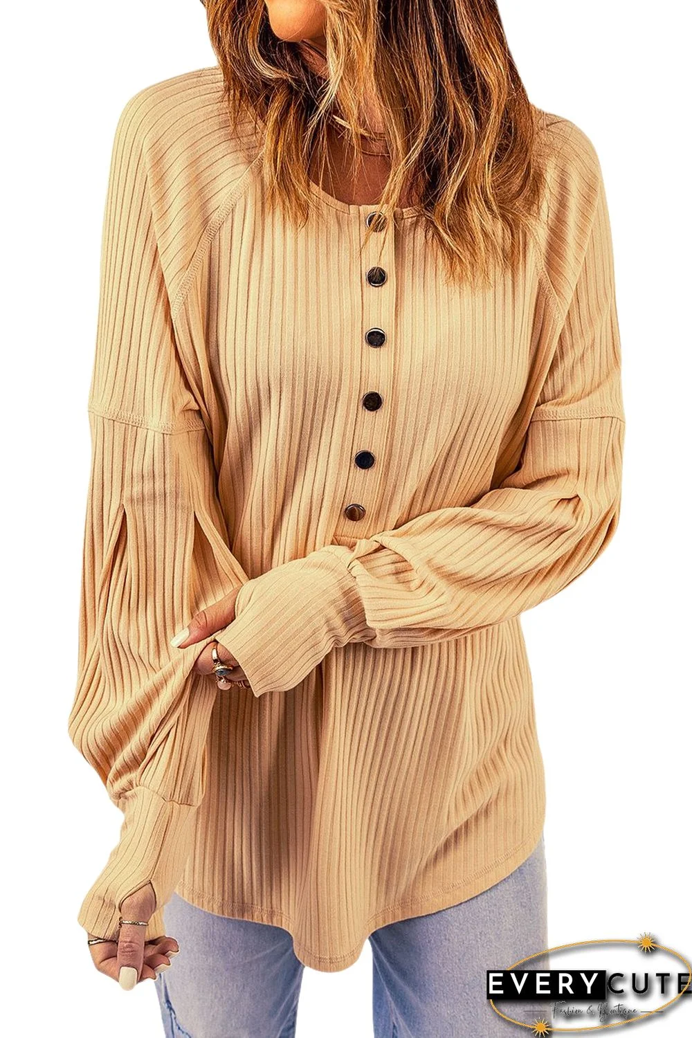 Apricot Ribbed Textured Thumbhole Puff Sleeve Pullover