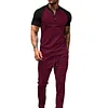 Men's Casual Color-Block Waffle-Knit Short-Sleeve T-Shirt & Long Pants Two-Piece Set by Inlyline