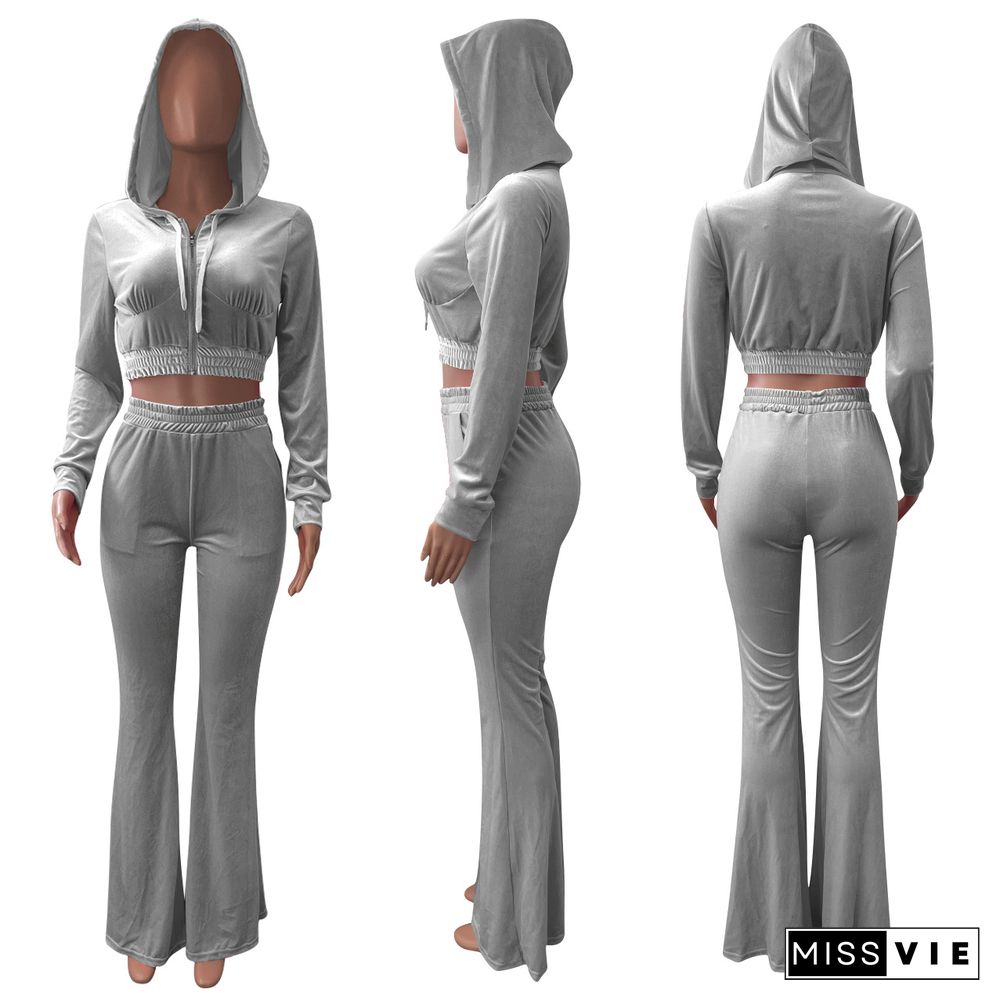 Velvet Solid Zipper Hooded Crop Tops Flare Pants Set
