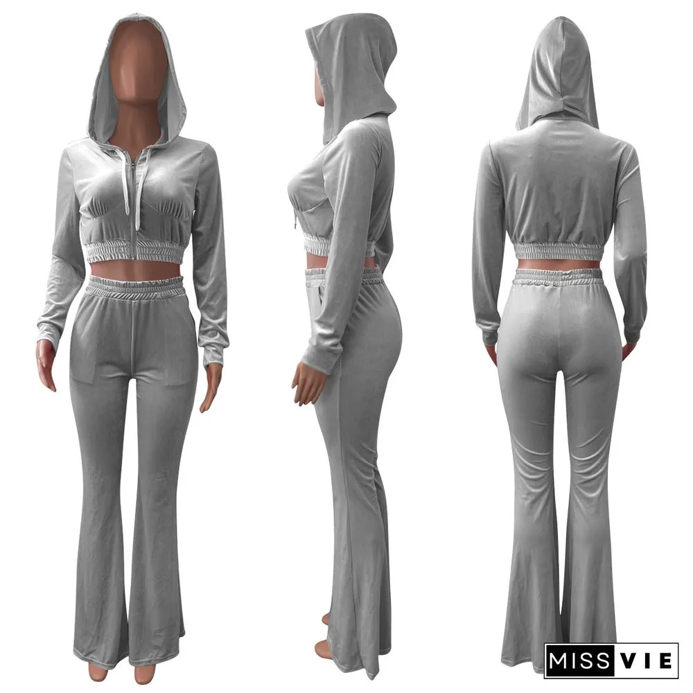 Velvet Solid Zipper Hooded Crop Tops Flare Pants Set