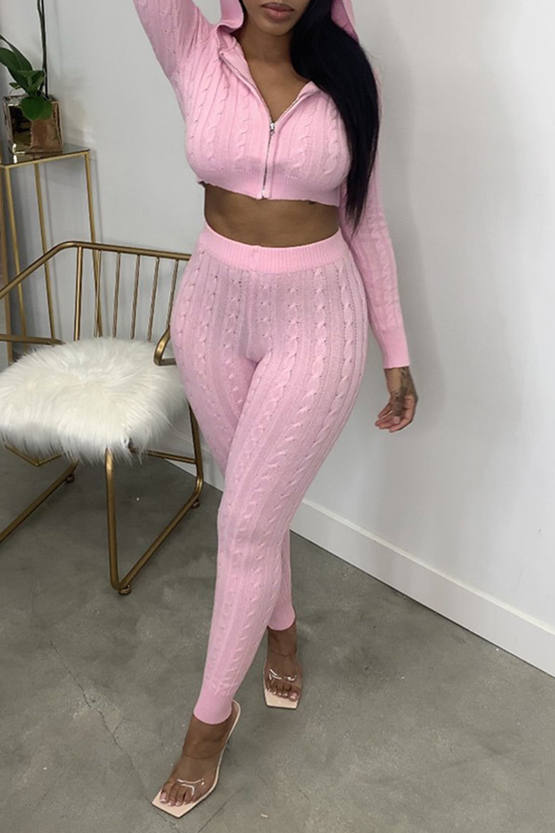 Pink Casual Solid Patchwork Hooded Collar Long Sleeve Two Pieces | EGEMISS