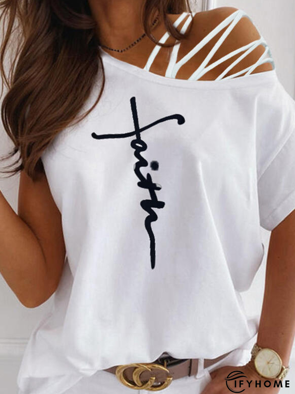 Casual Off Shoulder Shift Letter T-shirt | IFYHOME