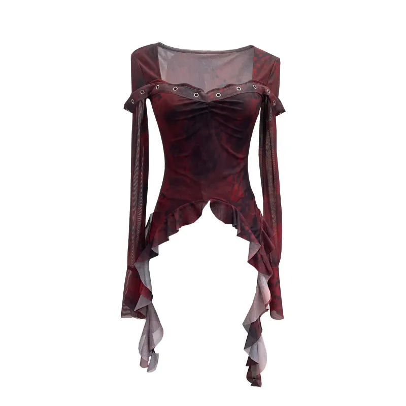 Churchf Double-Layer Screen Printing Hottie Retro Collar Horn Long-Sleeved Top Irregular Ribbon Short T-Shirt 6110