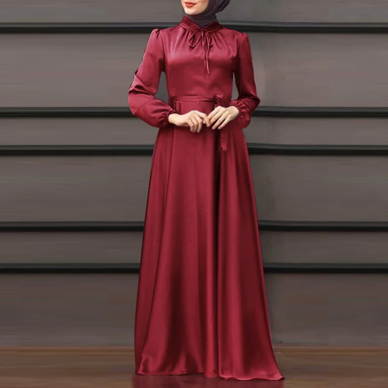 ZANZEA Elegant Spring Long Sleeve Solid Maxi Long Satin Dress Women Sundress Dubai Abaya Hijab Muslim Dress Robe Lace Up Vestido