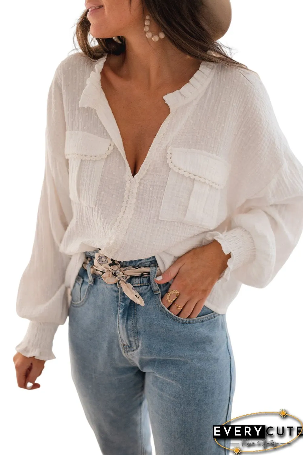 White Lace Trim Dotty Crinkle Texture Shirt