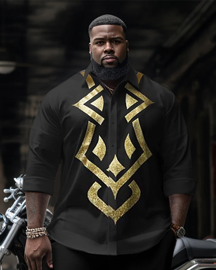 Men's Plus Size Ethnic Style Gold Totem Long Sleeve Shirt Two-Piece Set