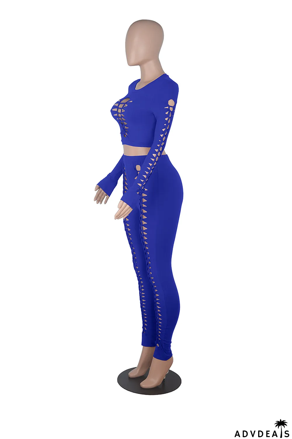 Color Blue Sexy Solid Ripped O Neck Long Sleeve Two Pieces