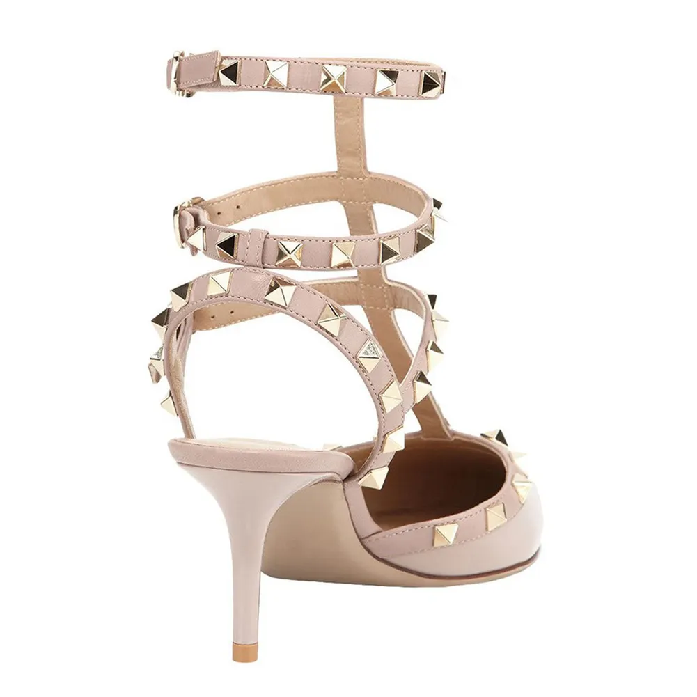 2.56" Women's Low Heels Rivets Sandals Apricot-vocosishoes