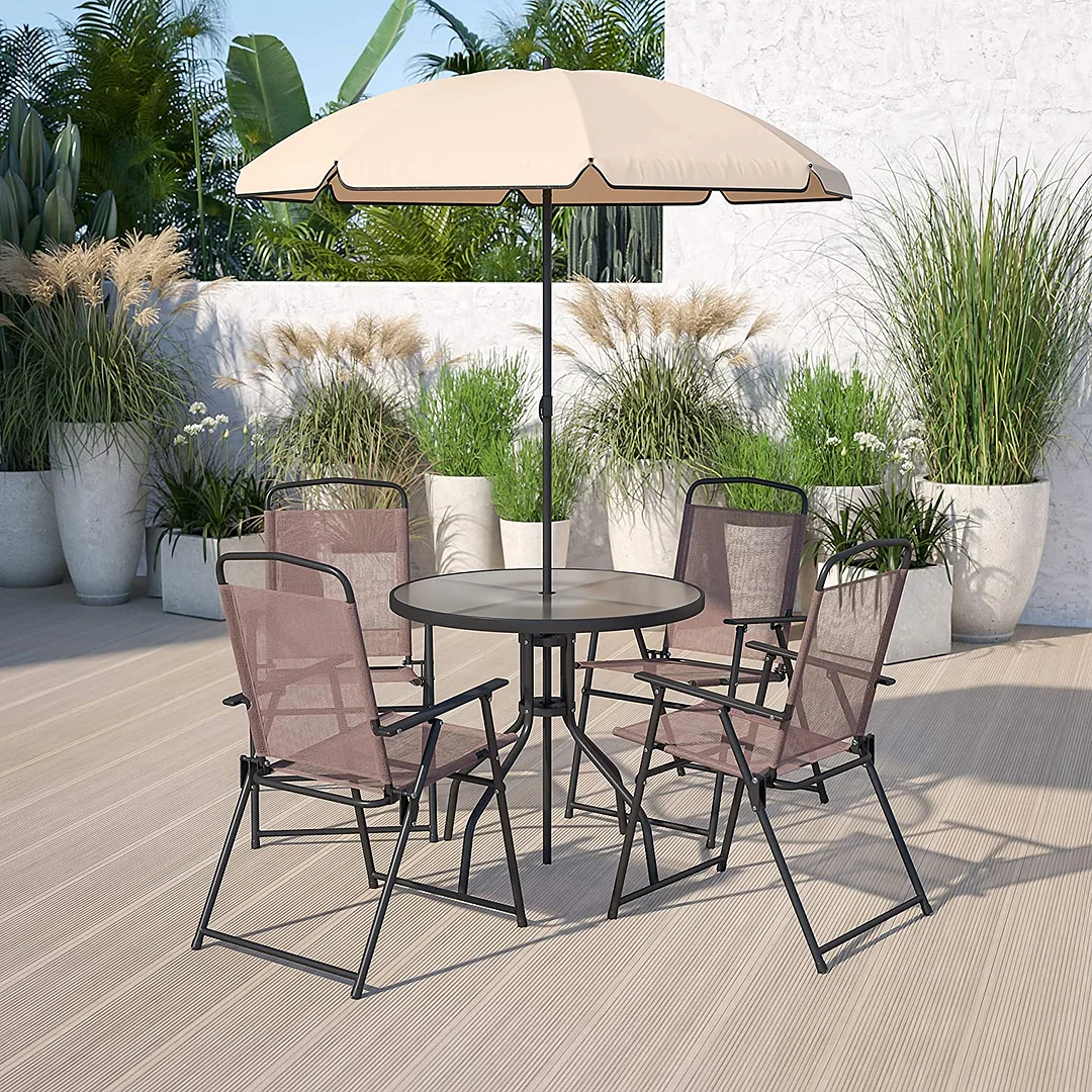  6 Piece Patio Garden Table Set - Umbrella Table - Set of 4 Black Folding Chairs