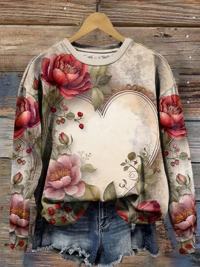 Vintage Floral Heart Art Print Crew Neck Sweatshirt
