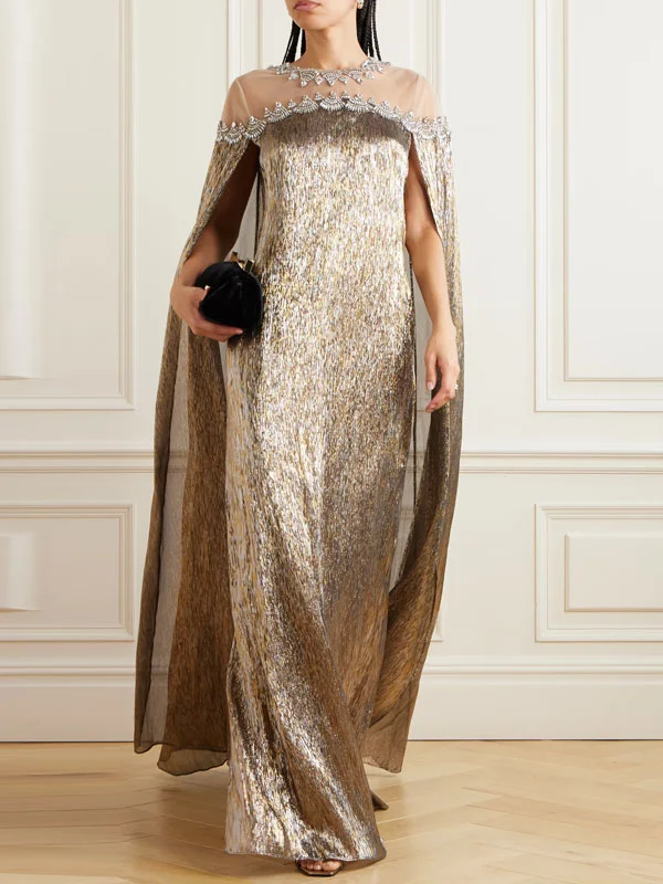 Cocktail Crystal Embellished Metallic Silk Fabric Gowns