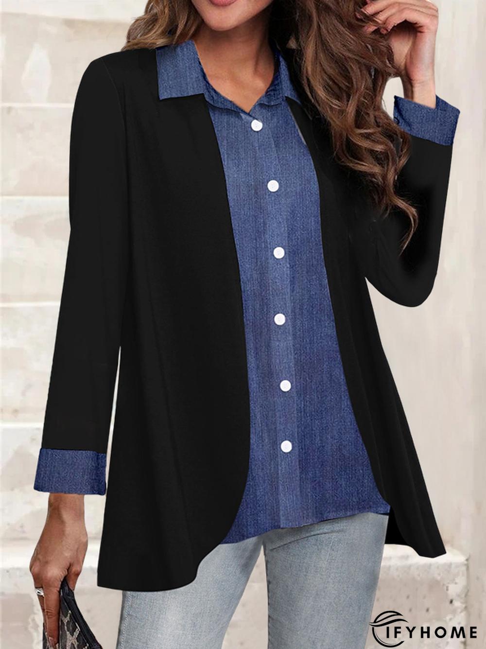 Casual Faux Two Piece Long Sleeve Black Blouse | IFYHOME