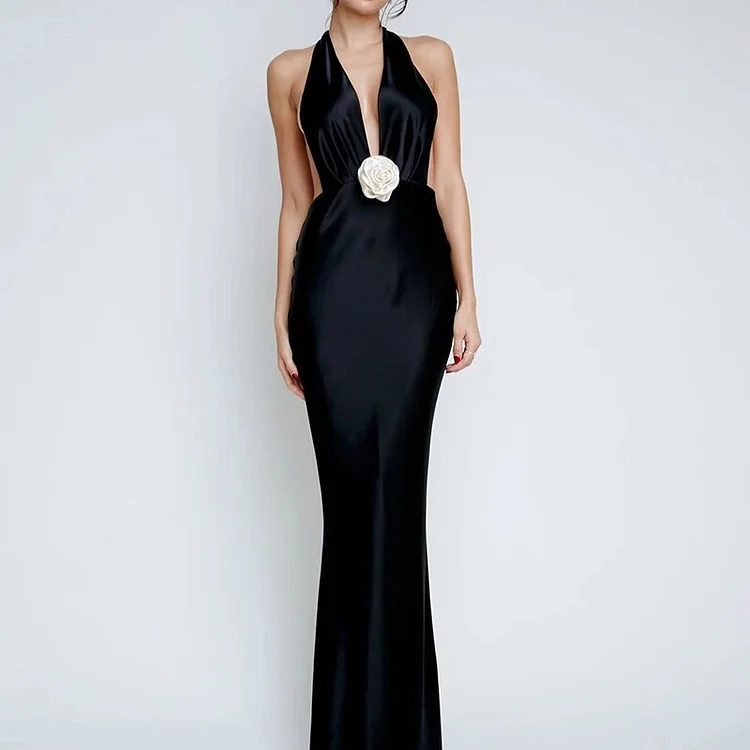 Dubeyi Satin Deep V-neck Flower Women Maxi Dress Black Backless Bandage Solid Evening Dress Female Slim Elegant Party Clubwear