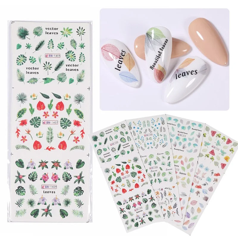 Nail Stickers Water Transfer Flowers Leafs Designs 12Pcs/Set Nail Decal Decoration Tips For Beauty Salons-Nail Inspo