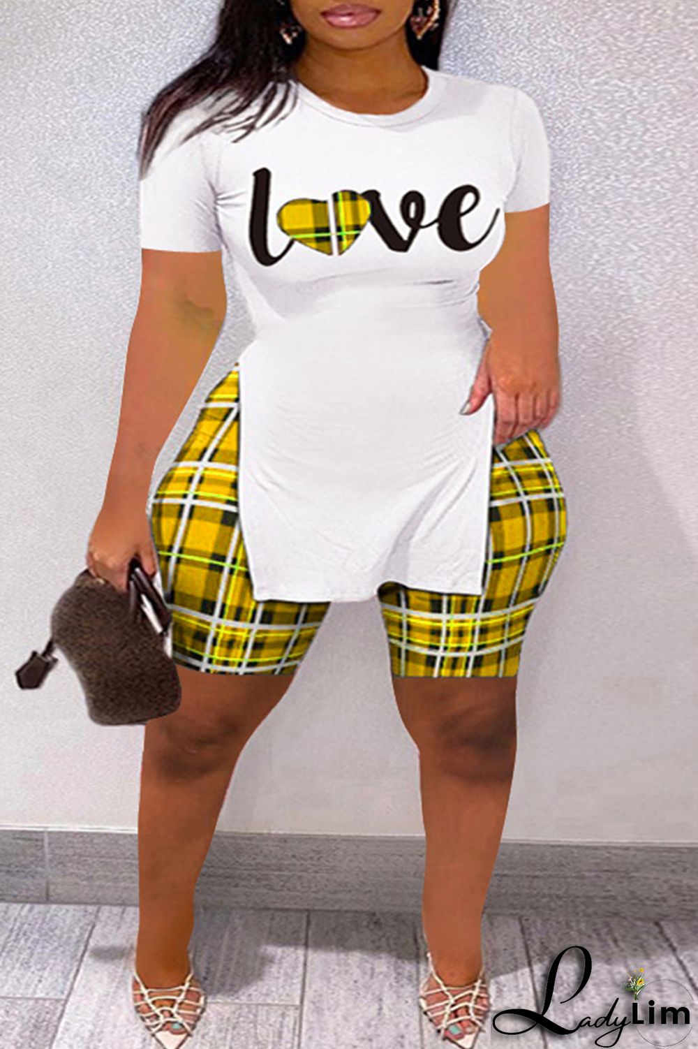 Yellow Fashion Casual Letter Print Slit O Neck Plus Size Two Pieces