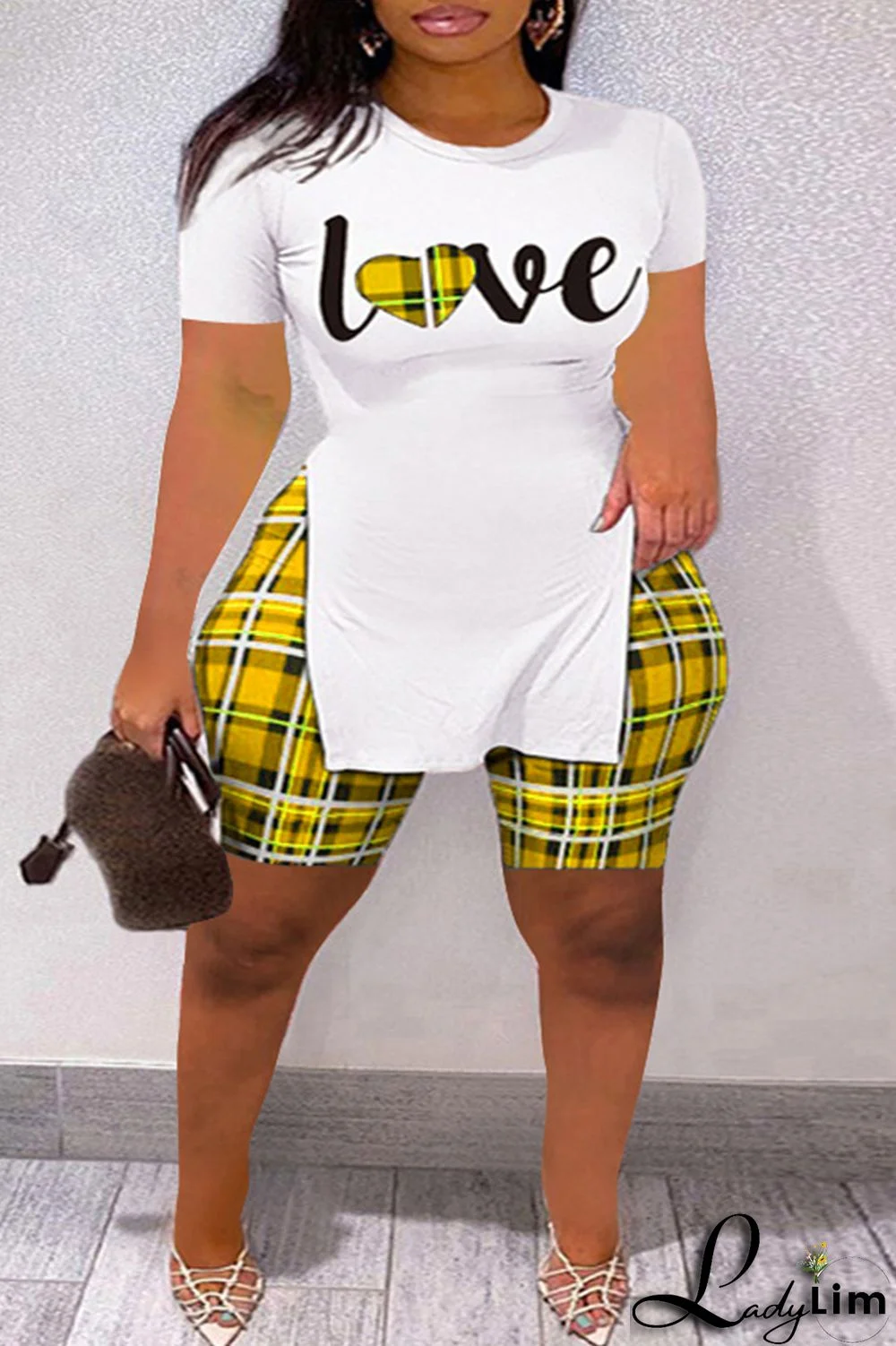 Yellow Fashion Casual Letter Print Slit O Neck Plus Size Two Pieces