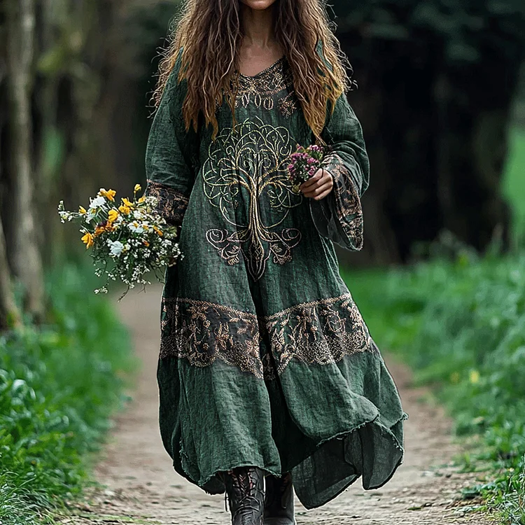 VChics Women's Viking Celtic Tree Of Life Rune Embroidered Linen Dress