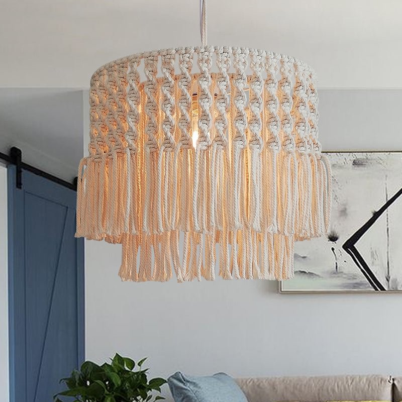 Creative Handmade White Cotton Tassel Pendant Light For Bedroom