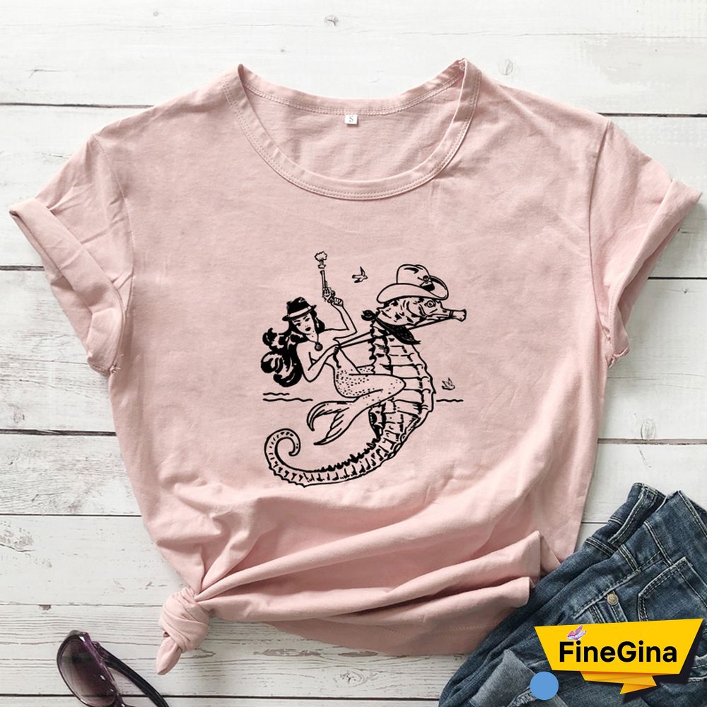The Cowgirl Mermaid 100% Cotton T-shirt Aesthetic Sea-haw Rodeo Western Tshirt Funny Women Hipster Graphic Tee Shirt Top