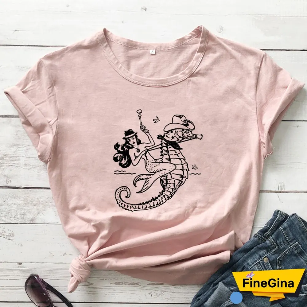 The Cowgirl Mermaid 100% Cotton T-shirt Aesthetic Sea-haw Rodeo Western Tshirt Funny Women Hipster Graphic Tee Shirt Top