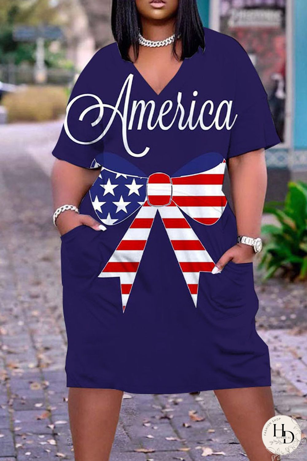 White Blue Red Casual Print Patchwork V Neck Dresses