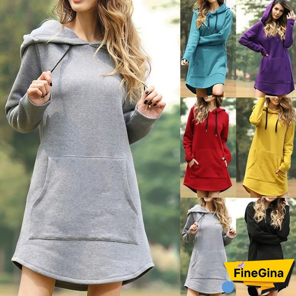 Vintage Women Spring Dress Hooded Long Sleeve Dresses Loose Casual Dress Retro Ladies Pocket Tube Midi Dresses