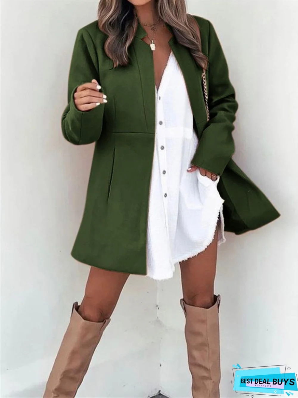 Solid Color Slim Long Sleeve Pocket Ladies Coat