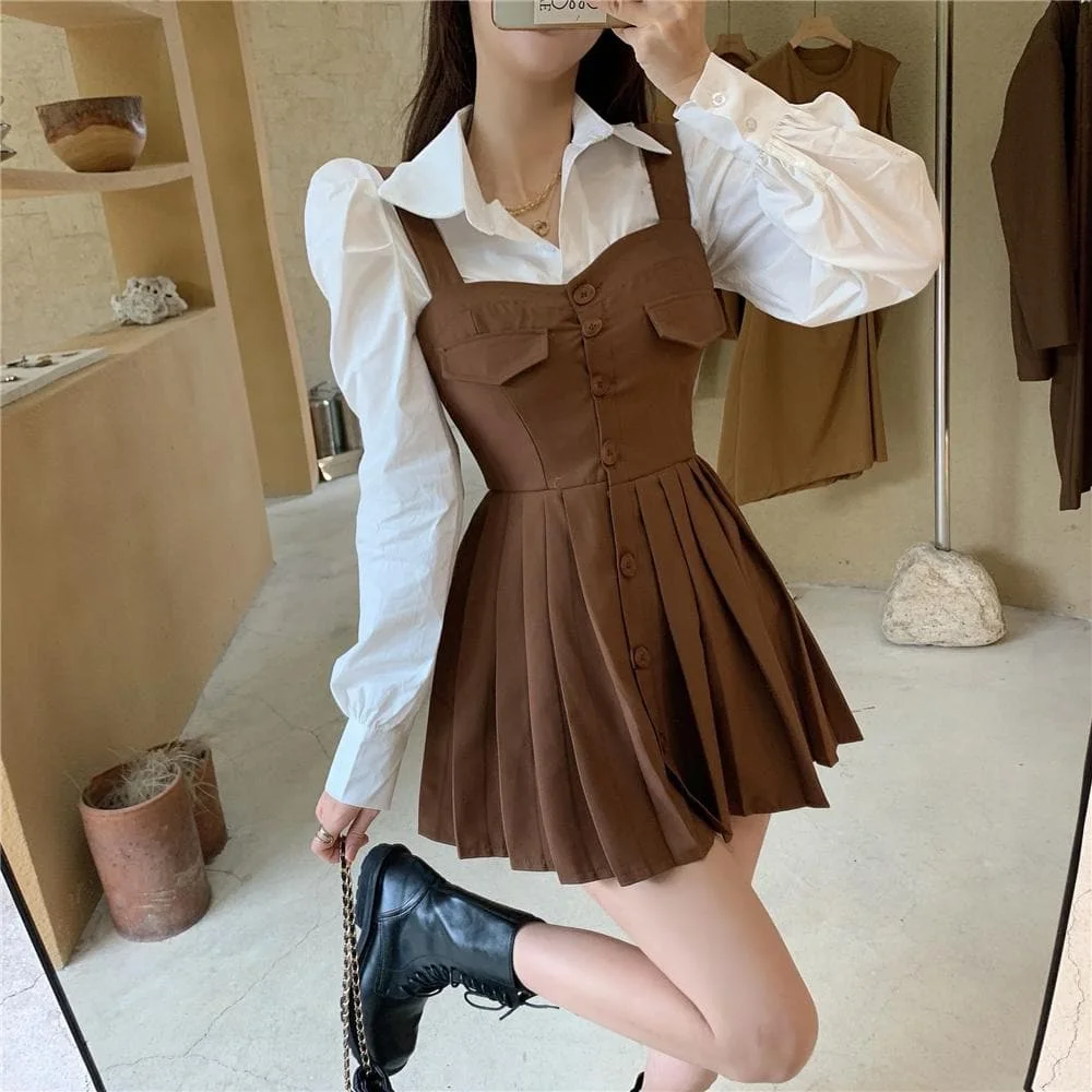 Preppy Style Chic Kawaii Black/Brown Draped Button Slip Dress SP15875