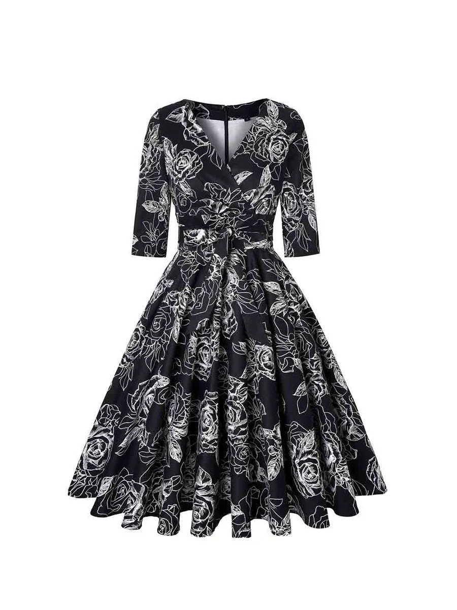 50s Dress Vintage Half Sleeve Plaid Print Big Swing Dress