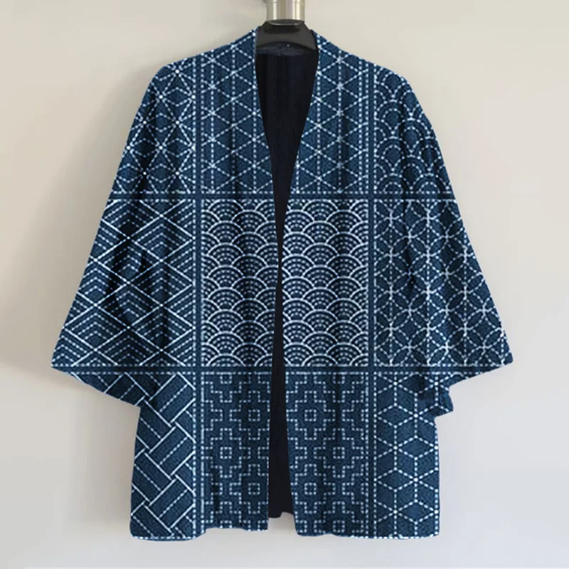 Vintage Japanese Traditional Sashiko Fan-Shaped Patchwork Art Print Linen Blend Kimono Cardigan