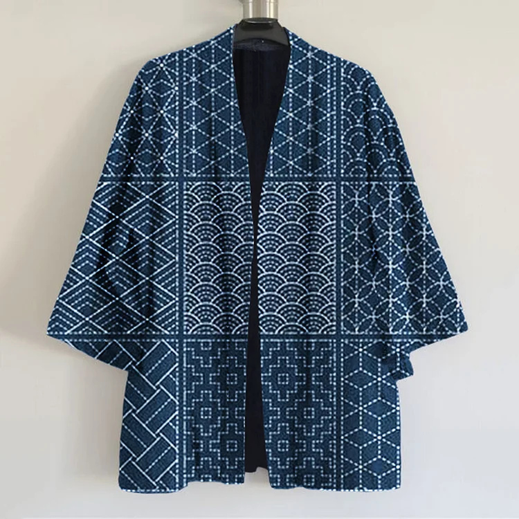 Comstylish Vintage Japanese Traditional Sashiko Fan-Shaped Patchwork Art Print Linen Blend Kimono Cardigan