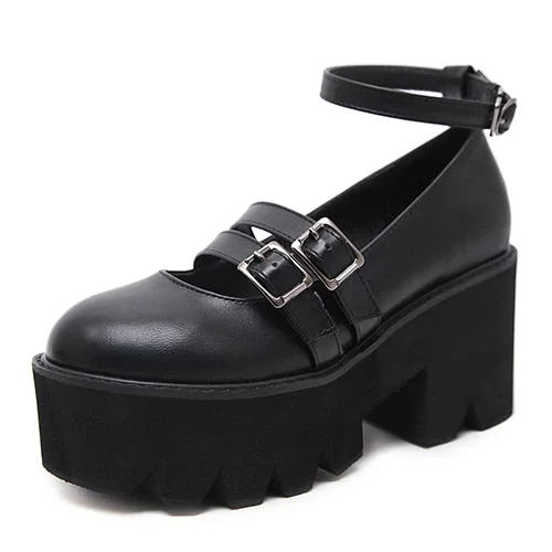Gdgydh Womens Pump Gothic Shoes Ankle Strap High Chunky Heels Platform Punk Creepers Shoes Female Fashion Buckle Comfortable
