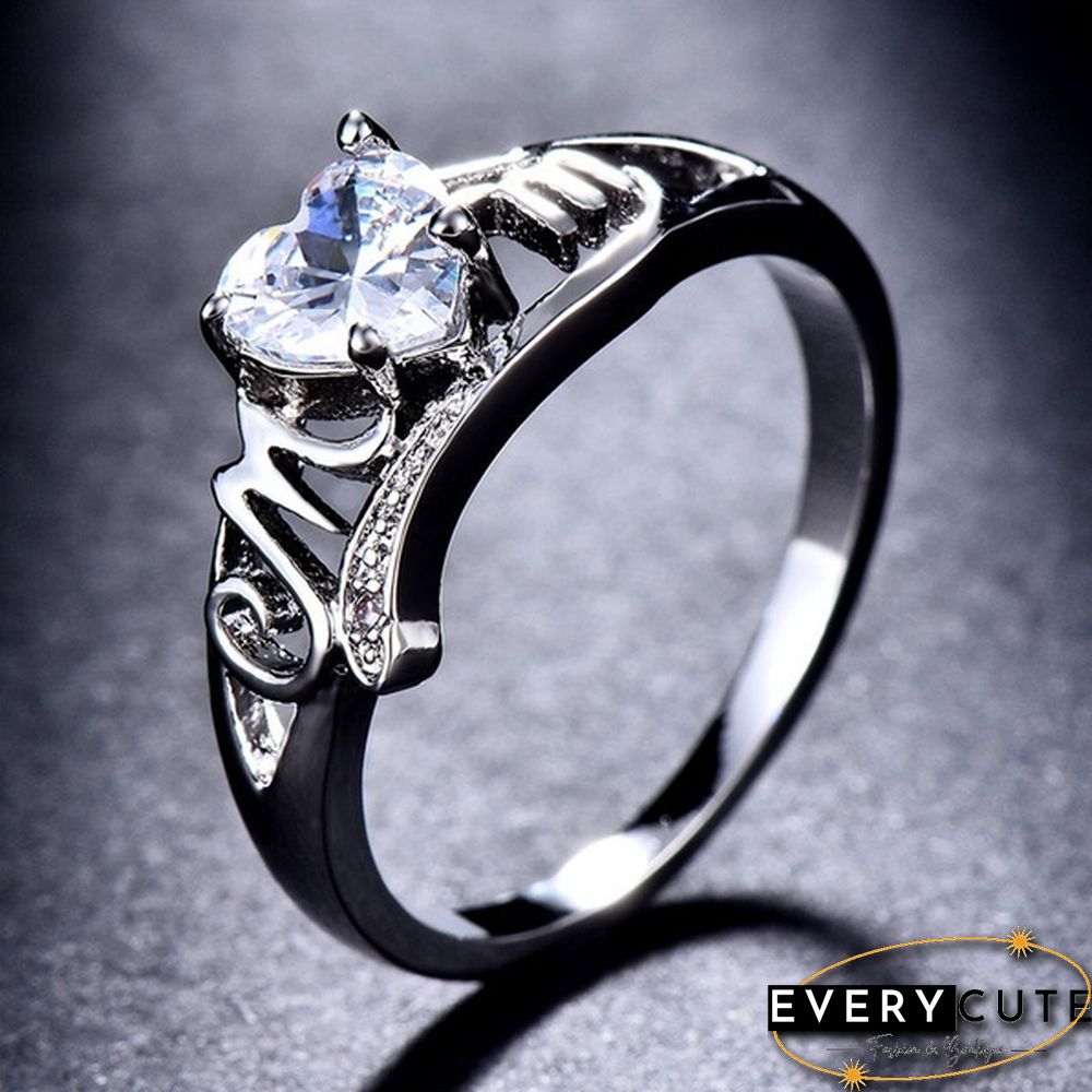 Heart Love Mom 925 Silver White Sapphire Ring Mother's Day Jewelry Gift Size 5-11