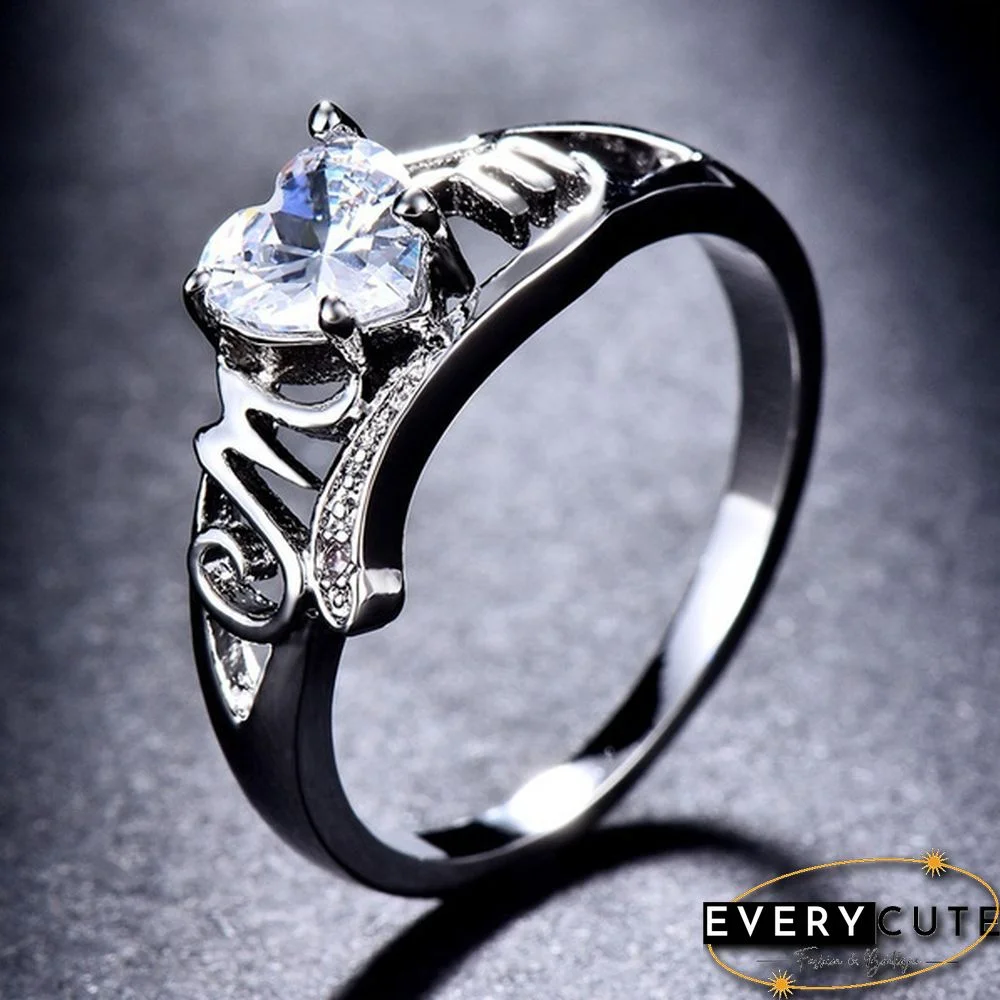 Heart Love Mom 925 Silver White Sapphire Ring Mother's Day Jewelry Gift Size 5-11