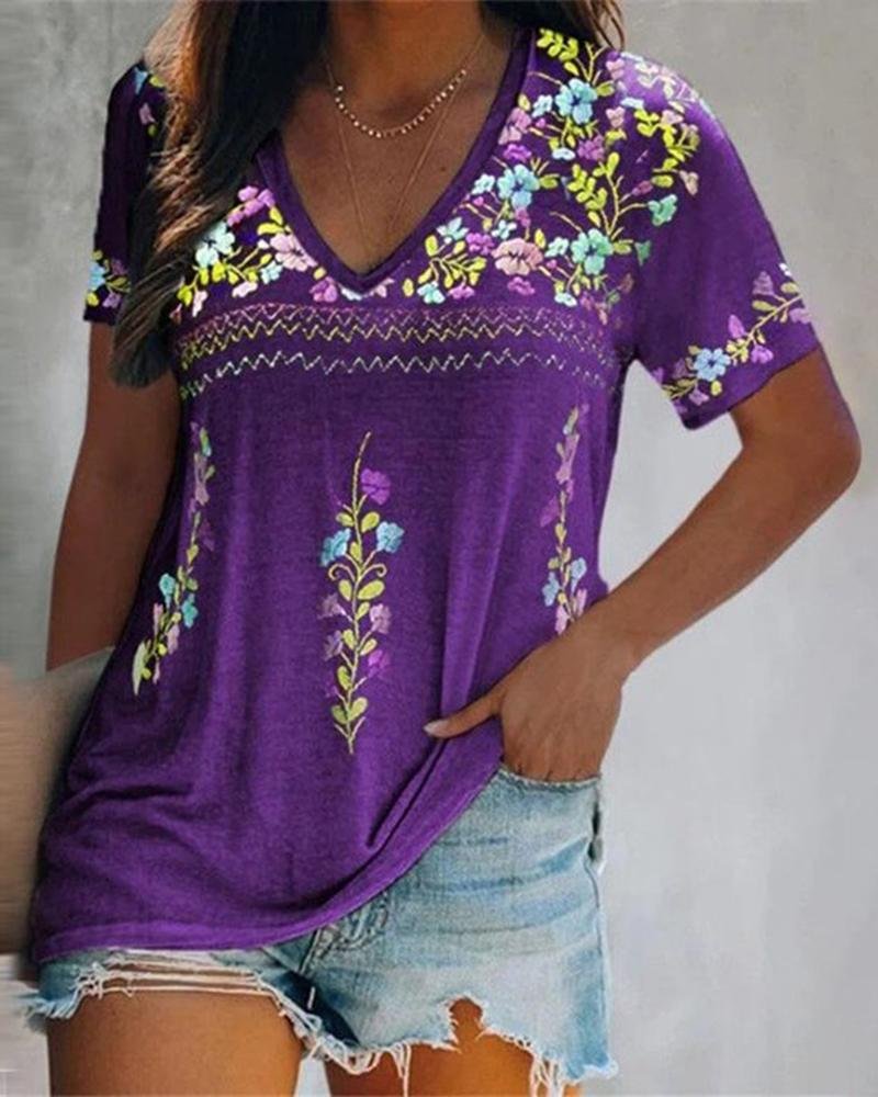 Women's Floral Print Ethnic Style Short Sleeve  T-Shirt-030912