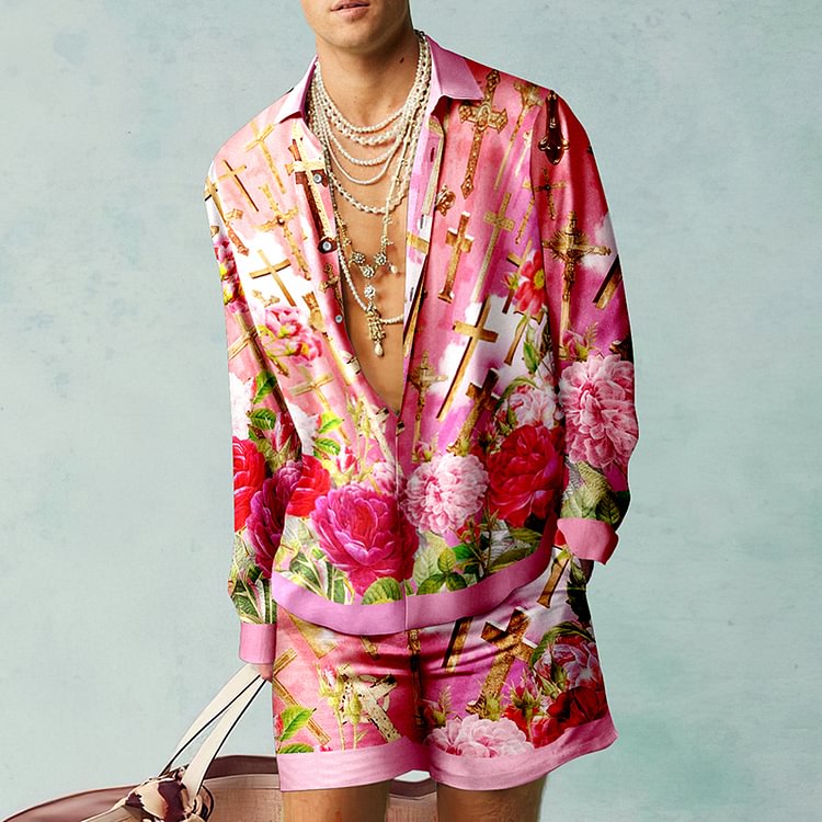 BrosWear Luxury Pink Print Shirt And Shorts Two Piece Set