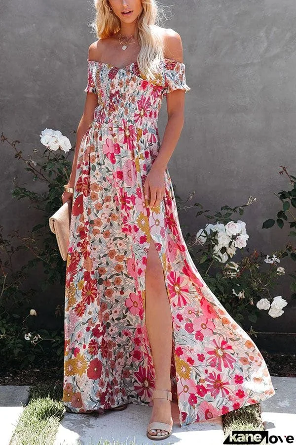 Put It In Print Smocked Slit Maxi Dress