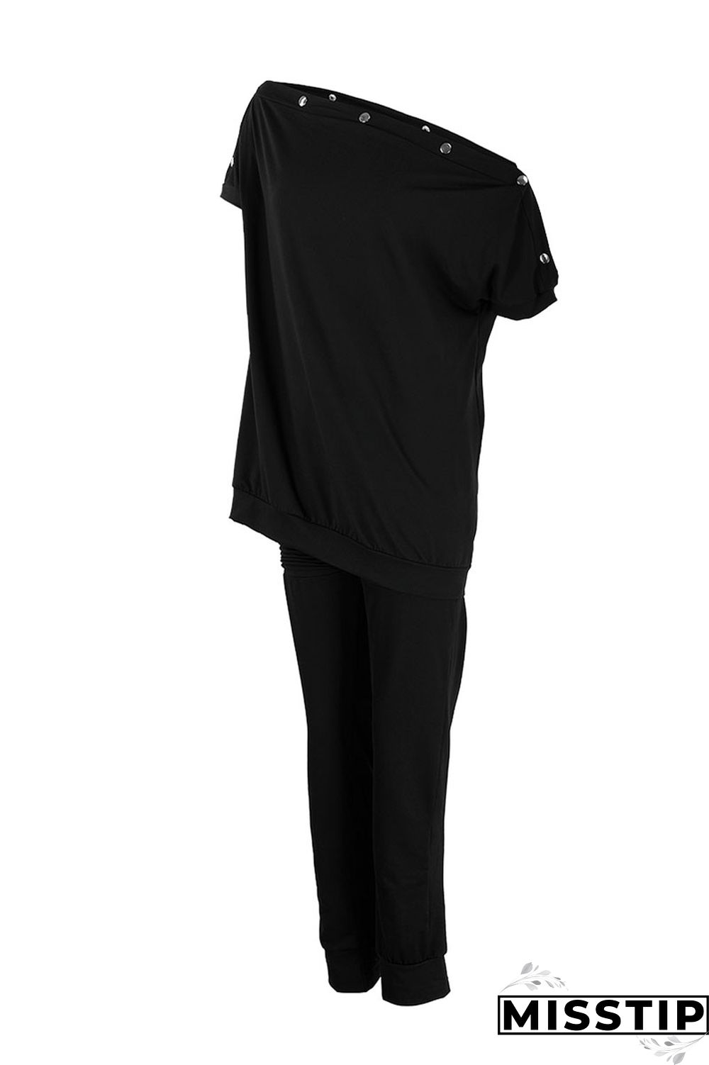 Black Casual Solid Patchwork Oblique Collar Short Sleeve Two Pieces