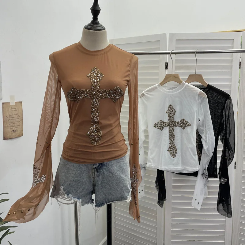 Nigikala Nigikala Shooting Heavy Industry Design Sense Cross Rivet Water Drill Waste Soil Horn Sleeve Double Mesh Yarn Trinket 2706